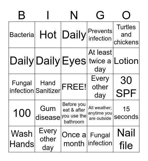 Hygiene Bingo Card