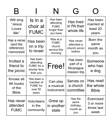 Get to Know You FUMC Bingo Card