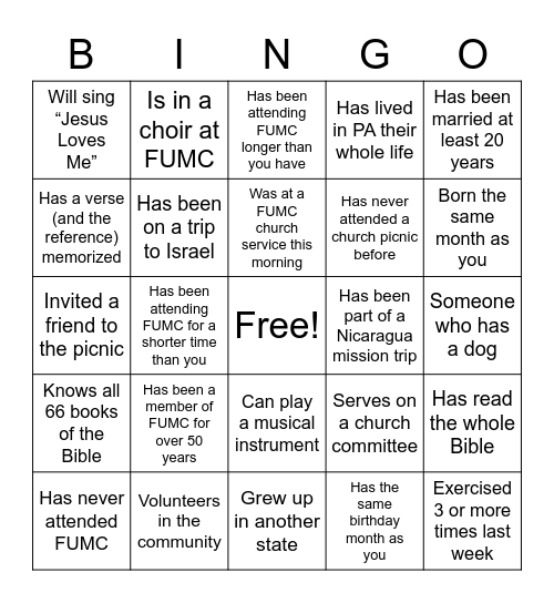 Get to Know You FUMC Bingo Card
