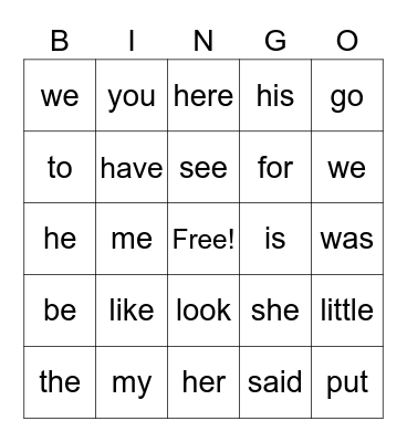 Sight Words Bingo Card