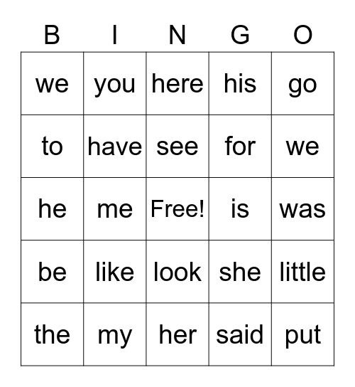 Sight Words Bingo Card