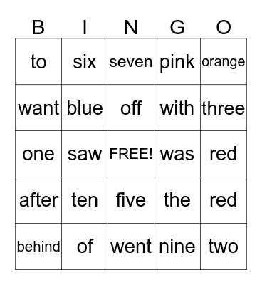 Sight Words Bingo Card