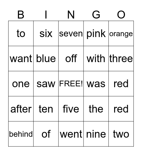 Sight Words Bingo Card