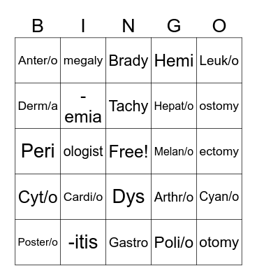 Medical Terminology Bingo Card