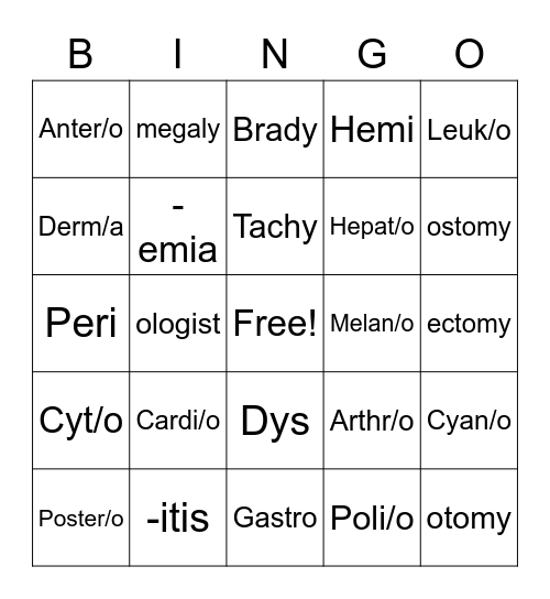 Medical Terminology Bingo Card