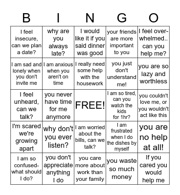 "I" versus "YOU" Statements Bingo Card