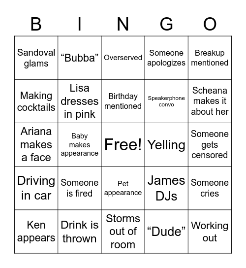 Vanderpump Rules Bingo Card