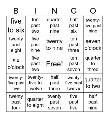 Telling Time Bingo Card