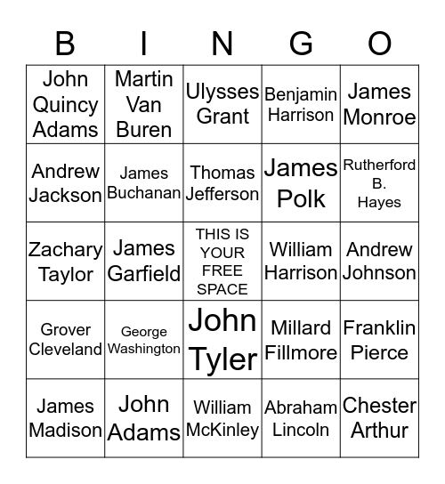 U. S. Presidents Bingo Card