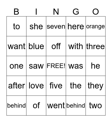 Sight Words Bingo Card