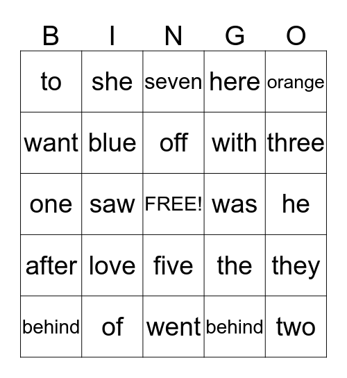 Sight Words Bingo Card