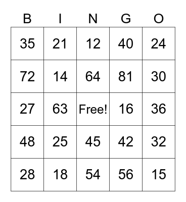 MULTIPLICATION FACTS Bingo Card