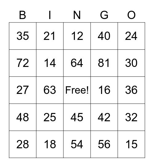 MULTIPLICATION FACTS Bingo Card