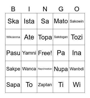 Dakota Language Bingo Card