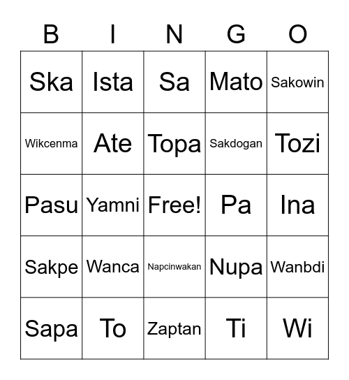 Dakota Language Bingo Card