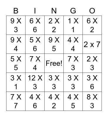 Multiplication Bingo Card