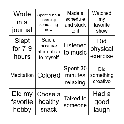 Stress Relief Bingo Card