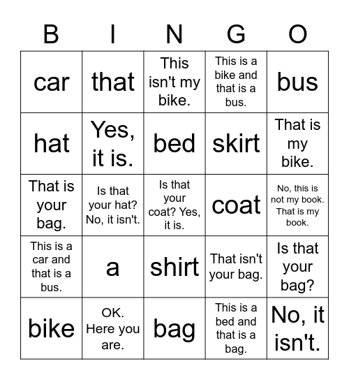 VanThink English 1A Lesson 3 Bingo Card