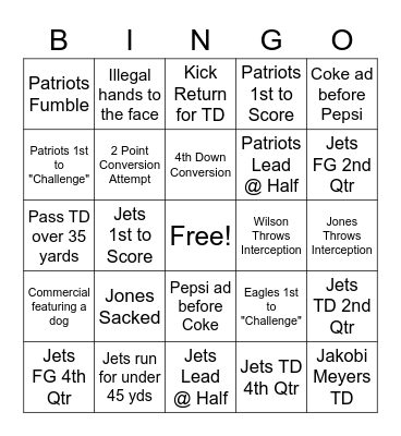 Pats vs. Jets Bingo Card