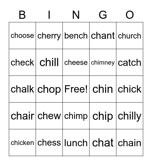 -ch words Bingo Card