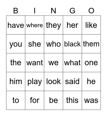 Heart Word Bingo Card