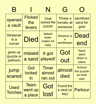 Sands of Time Bingo Card
