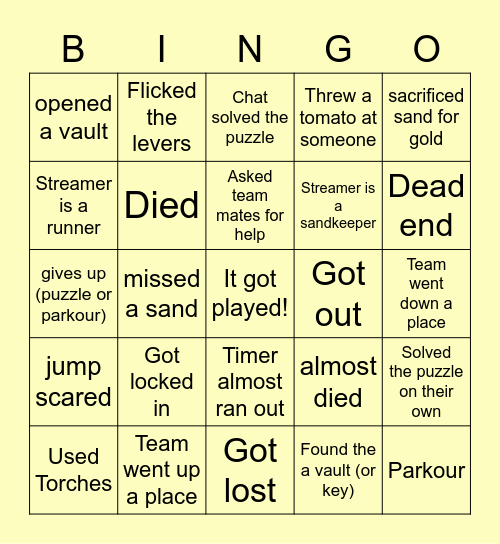 Sands of Time Bingo Card