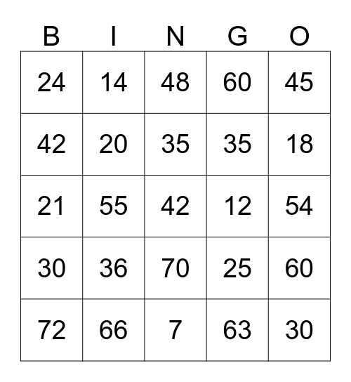 Division Facts ( 5, 6, and 7) Bingo Card