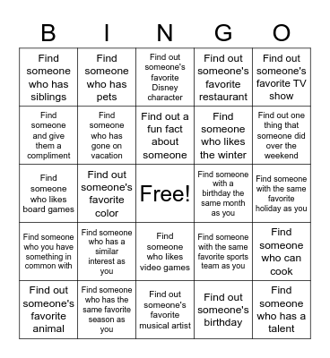 Kinney Bingo Card
