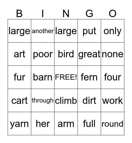 Spelling Words BINGO Card