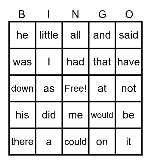 Miah Kindergarten Sigh Word Game Bingo Card
