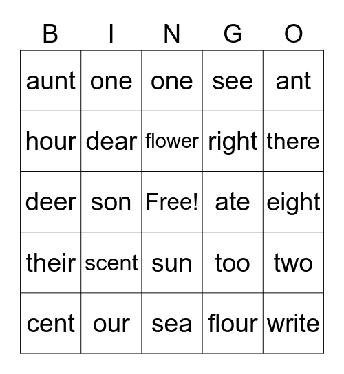 Homophones Bingo Card