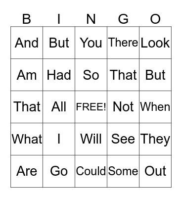Sight Words Bingo Card