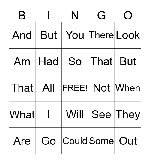 Sight Words Bingo Card