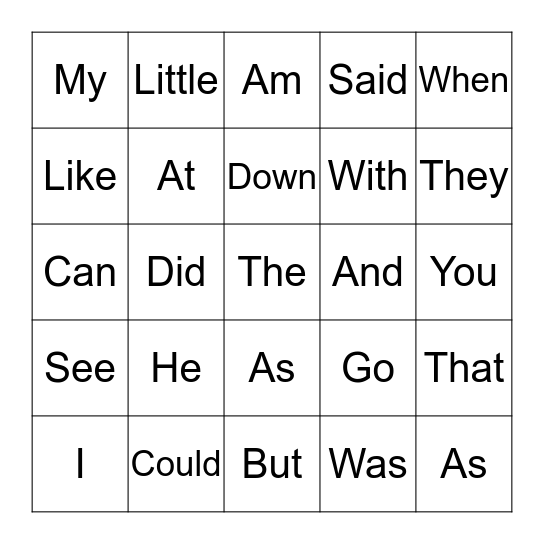 Sight Words Bingo Card