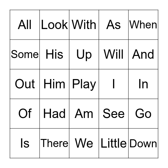 Sight Words Bingo Card