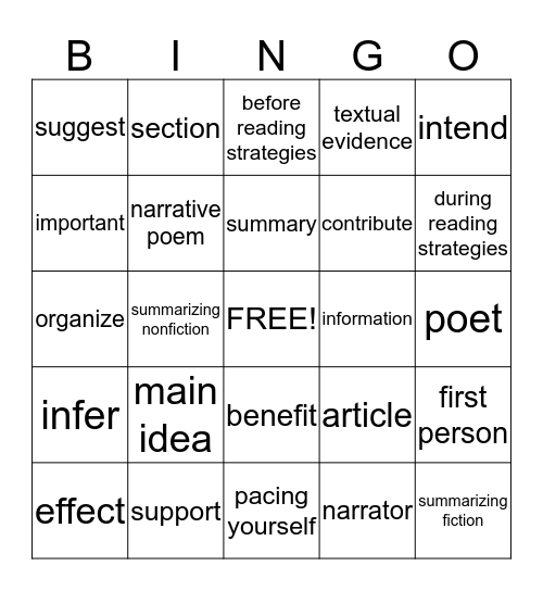 STAAR Reading Bingo Card