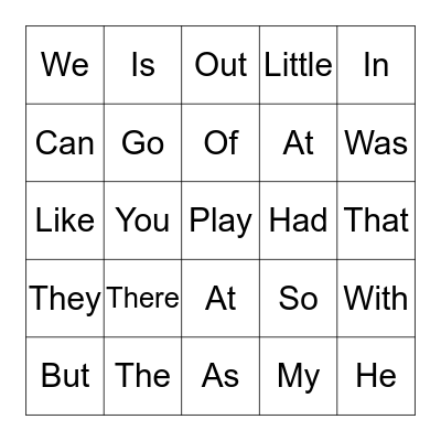 Sight Words Bingo Card