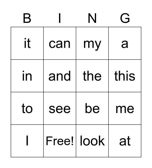 Snap Words Bingo Card