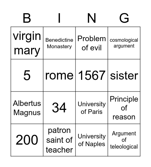 Thomas Bingo Aquinas Bingo Card