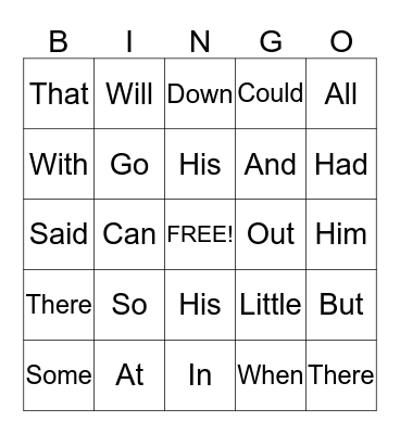 Sight Words Bingo Card
