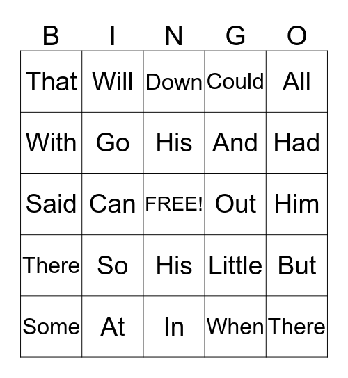 Sight Words Bingo Card
