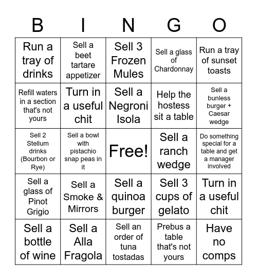 Downstairs Bingo Card