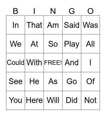 Sight Words Bingo Card