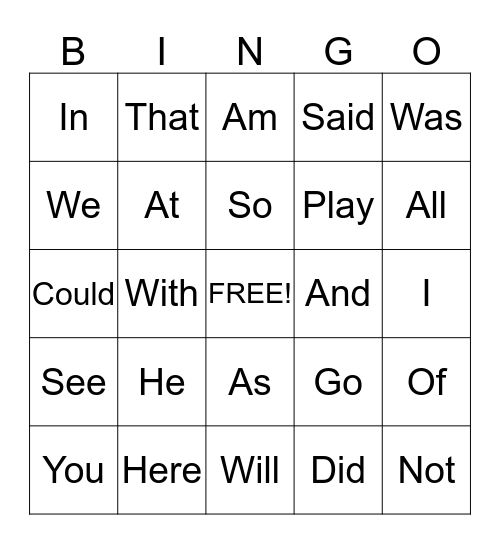 Sight Words Bingo Card