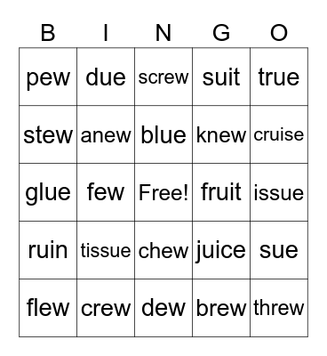 Words with EW, UI, and UE Bingo Card