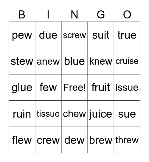 Words with EW, UI, and UE Bingo Card