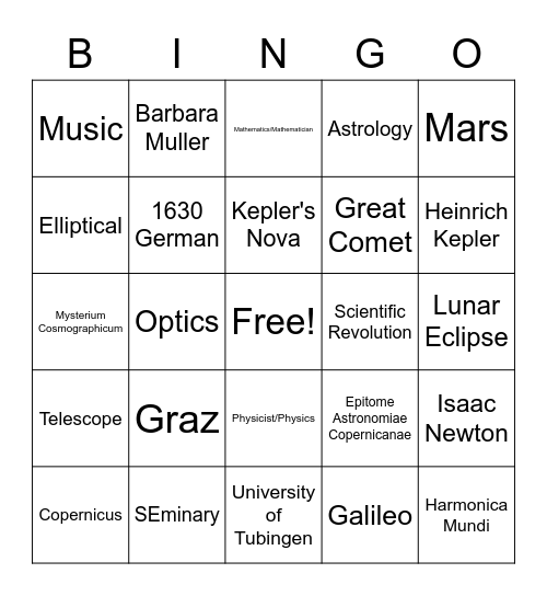 Kepler Listening BINGO Card