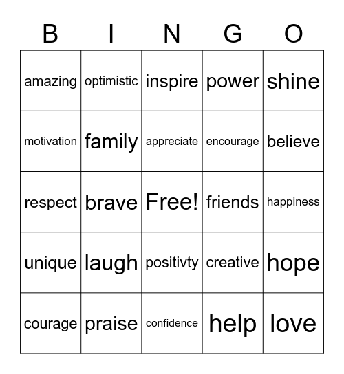 positive word bingo Card