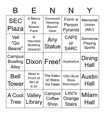 OSU Campus Scavenger Hunt Benny Bingo Card